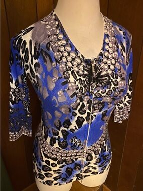 Cache Vibrant Blue Animal Print Zip-Front Top M